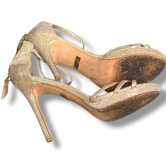 Badgley Mischka Gold Glitter Heels Size 9 Zip Back Strappy Platform Stilettos - Picture 9 of 11